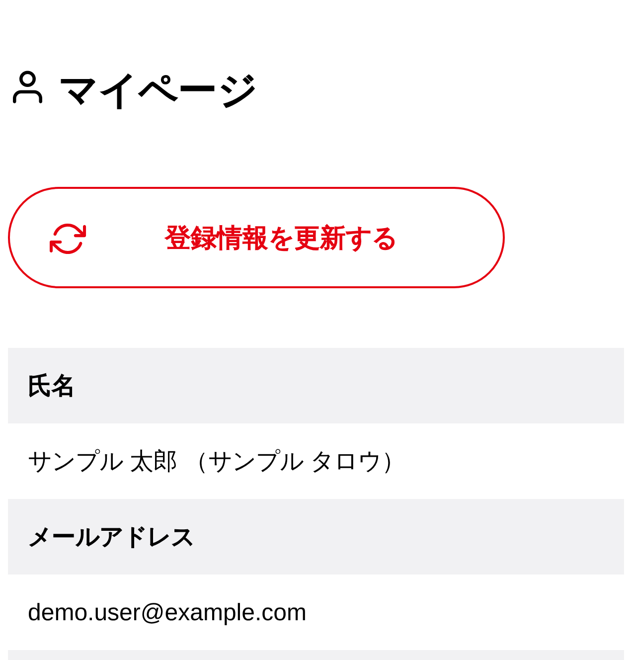 ログイン後のマイページの見出しと登録情報